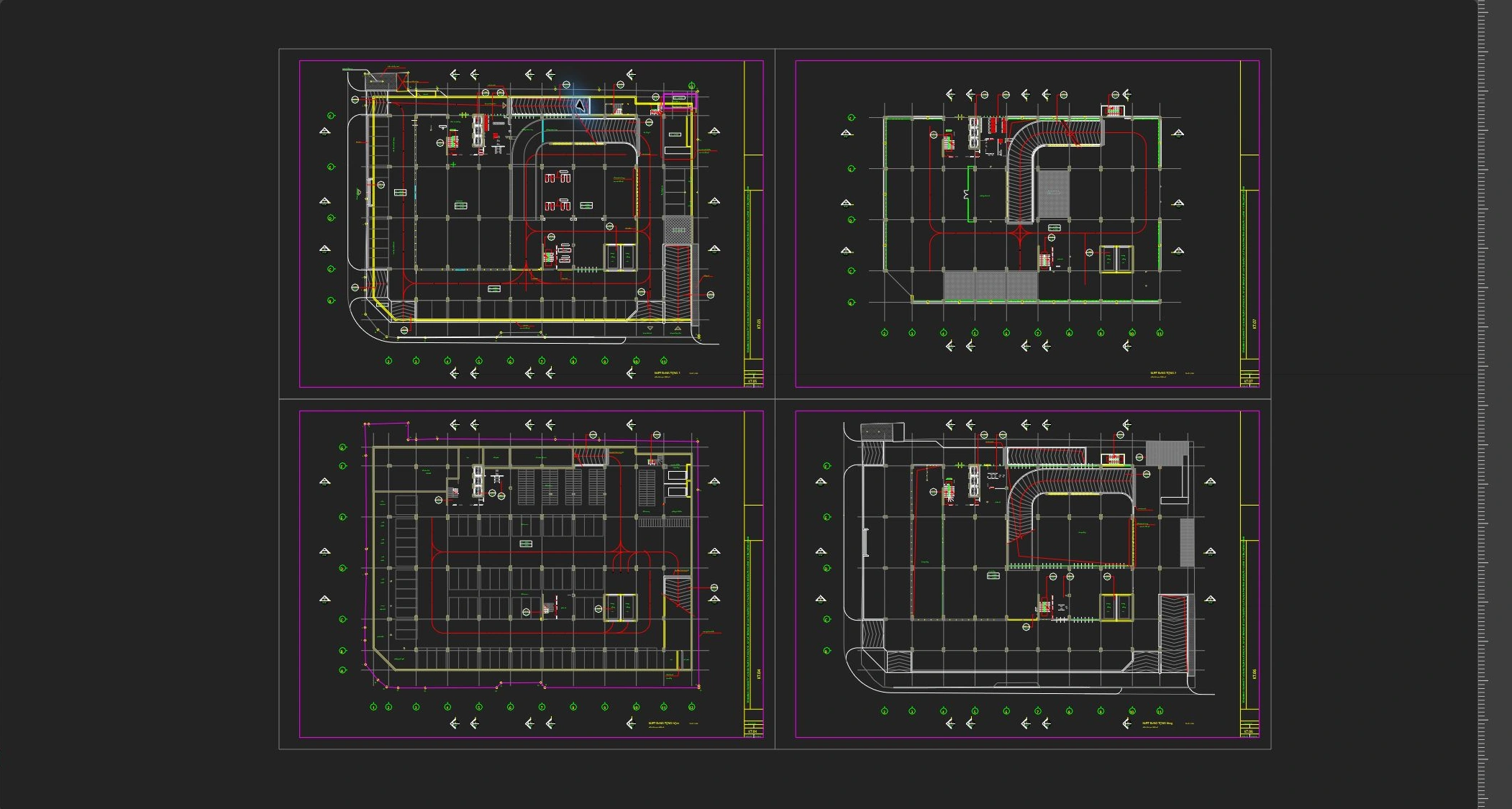 Four complete parking DWG drawings open in TopoSnap